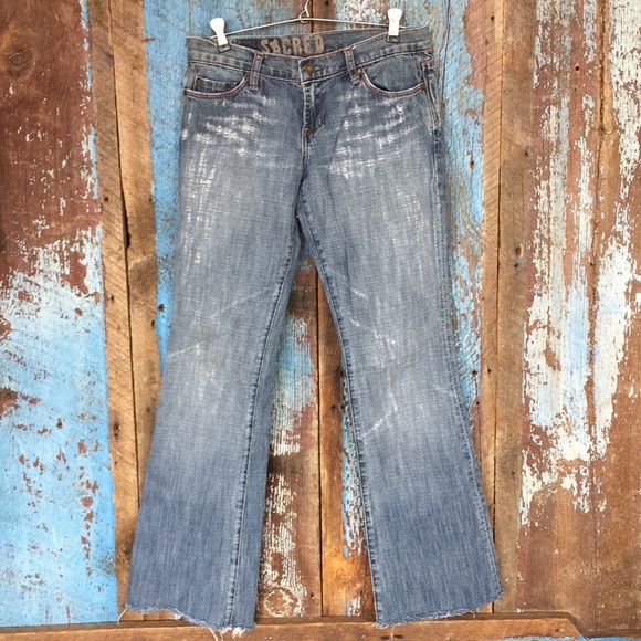 Sacred Blue Bootcut Distressed Raw Hem Jeans - Picture 1 of 8